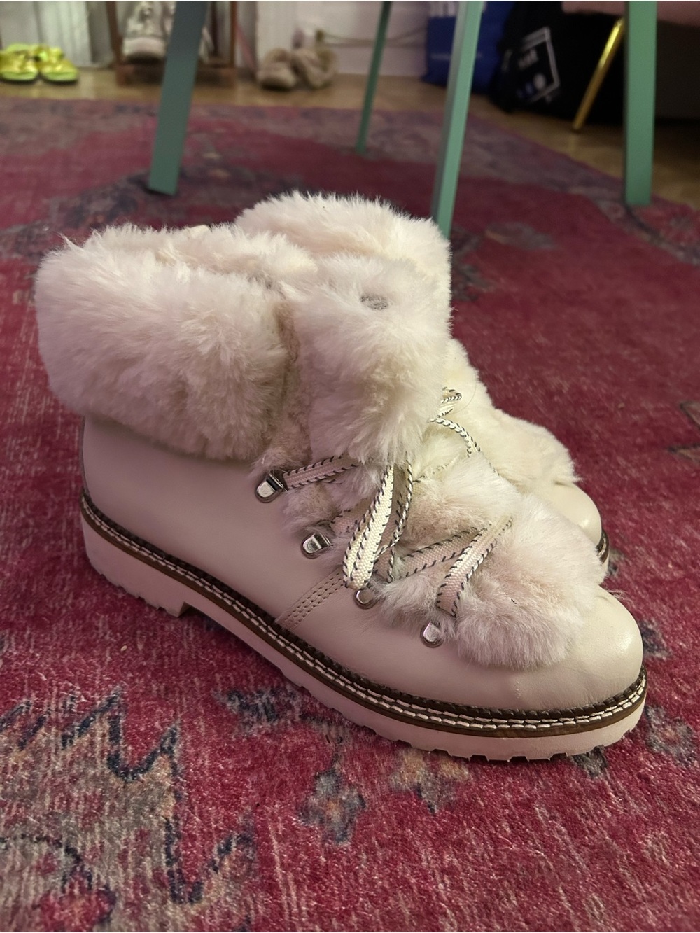 Franco Sarto Cream Faux-Fur Lace-Up Winter Ankle Boots